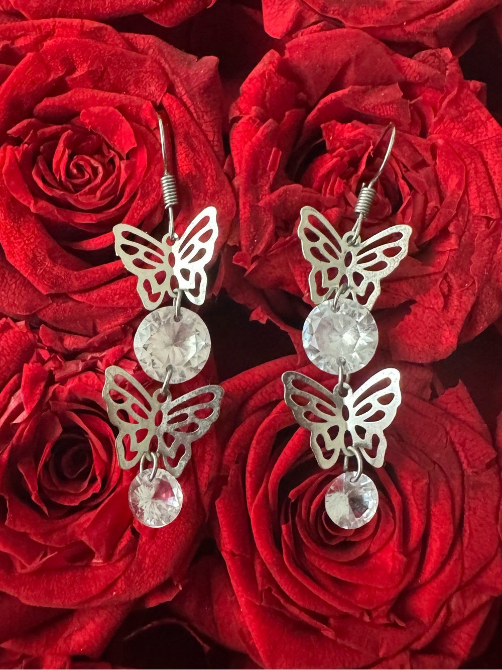 Silver Butterfly Dangle Earrings with Clear Crystals - Women Jewelry